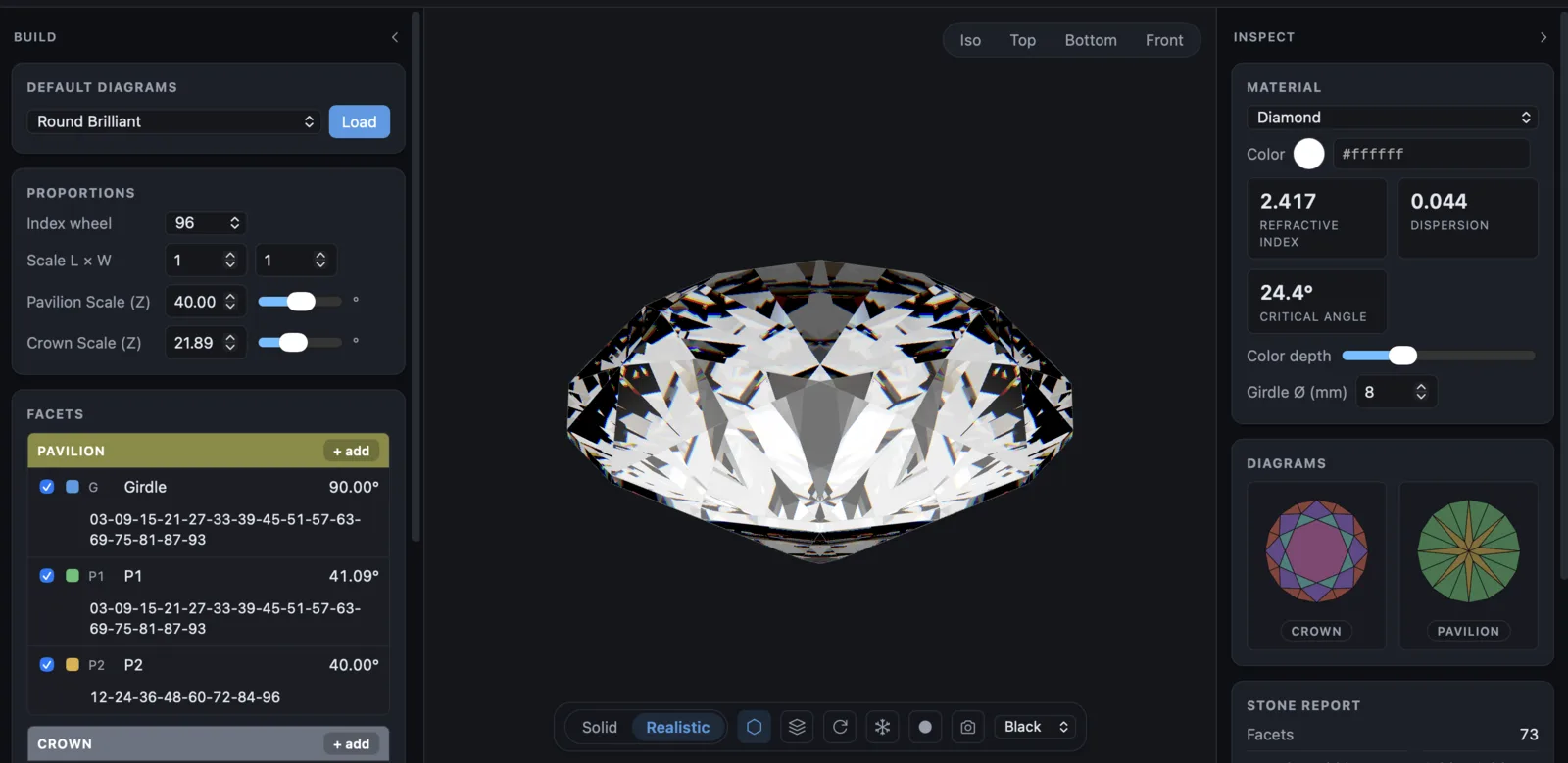 Build workspace — facet table, proportions, and live diagrams for a Round Brilliant