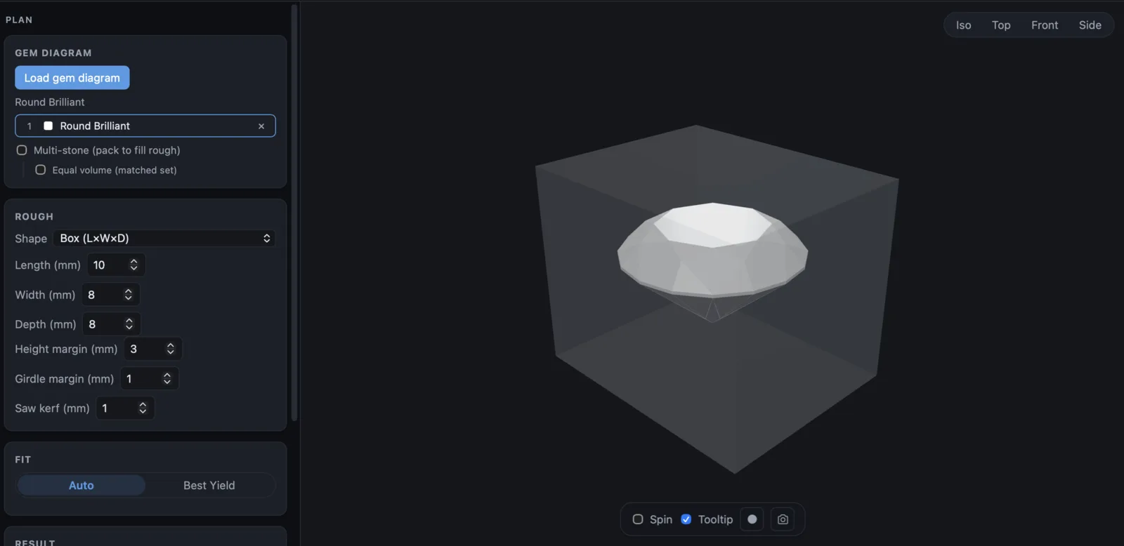 Rough planning — fit a stone to a rough box with girdle and saw-kerf margins