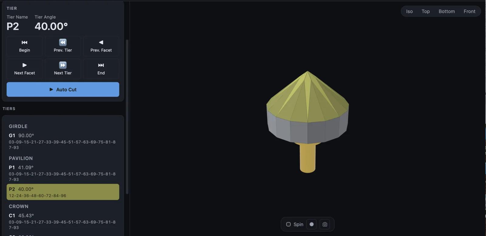 Cutting guide — tier-by-tier facet sequence with Auto Cut