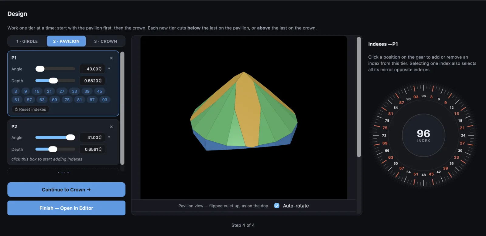 Guided design wizard — set pavilion and crown angles step by step