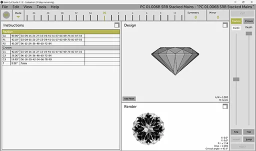A Gem Cut Studio .gcs design imported into GemDiagram and rendered as a realistic 3D gemstone