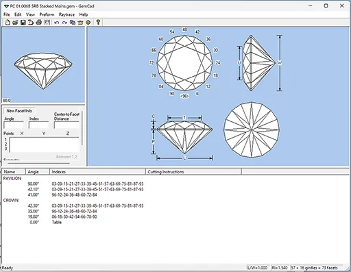 A GemCAD .gem cutting design opened in GemDiagram and rendered as a realistic 3D gemstone