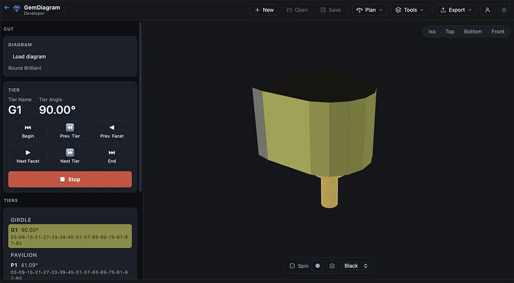 GemDiagram auto-cut — automated facet-by-facet cutting sequence