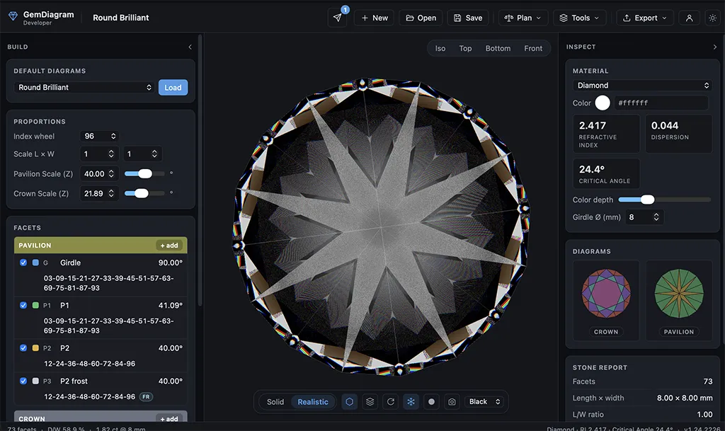 GemDiagram frosted edges and facets applied to a gem render